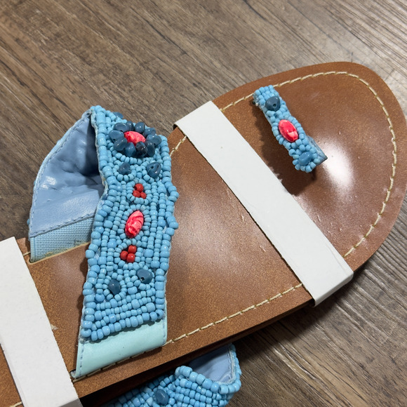 Avon Thong Sandals Women's 10 Blue Brown Beaded Gemstone Flat Open Toe Preppy - Picture 4 of 11